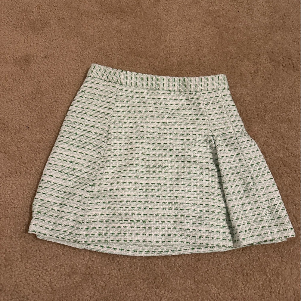 Zara Green and White Tweed Mini Skirt